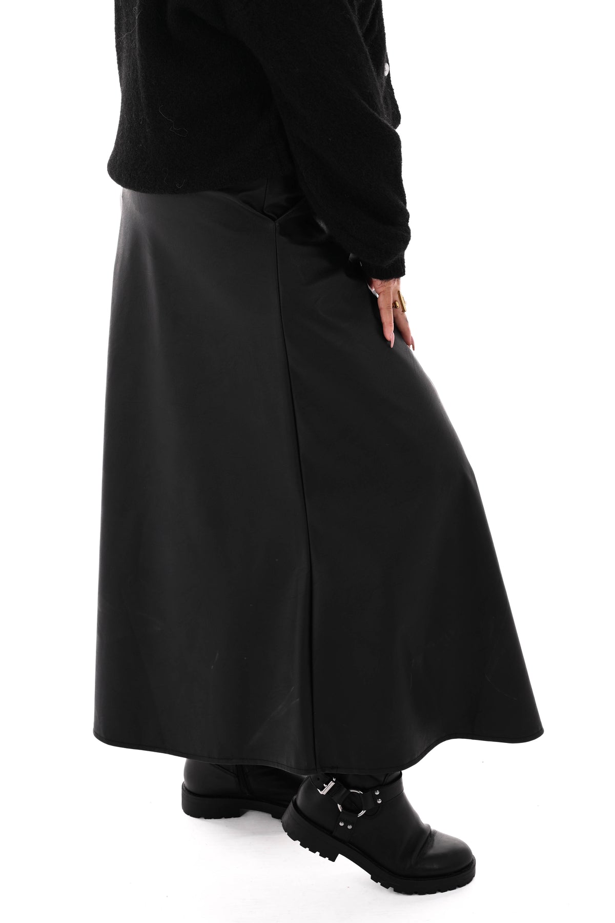 Lange leatherlook rok zwart