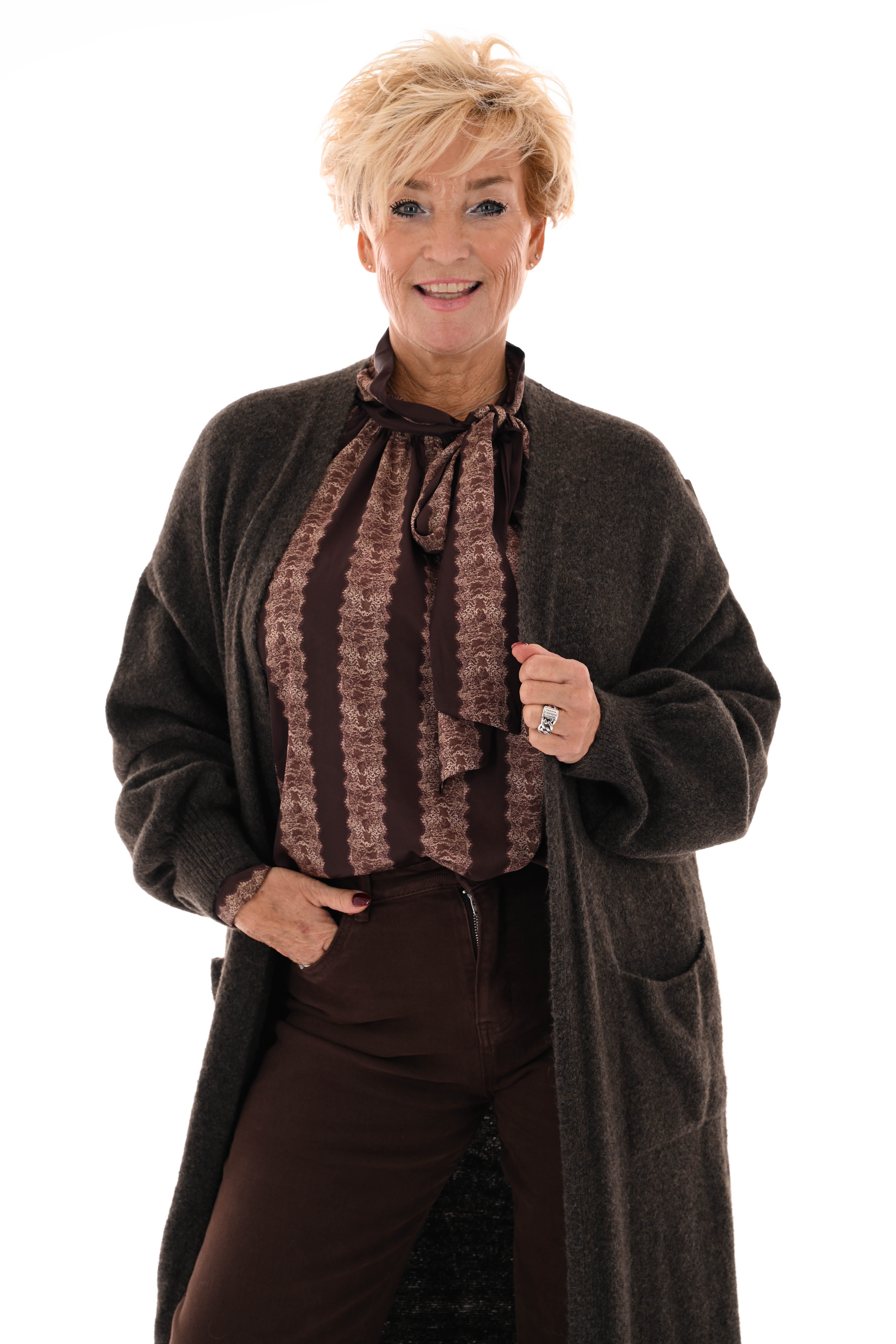 Lang vest fijn gebreid donkerbruin