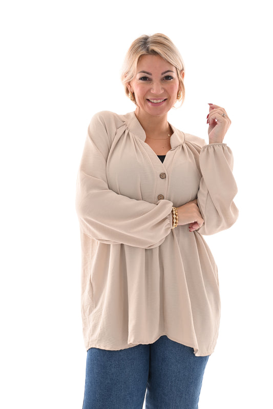 Blouse v-hals met knoop beige