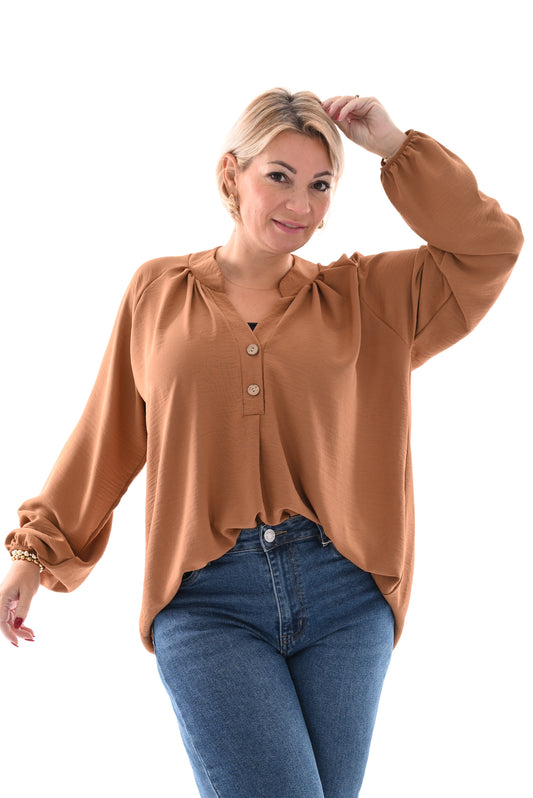 Blouse v-hals met knoop camel