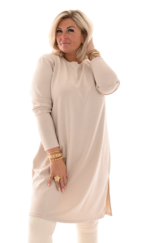 Tuniek sweater ronde hals met split beige