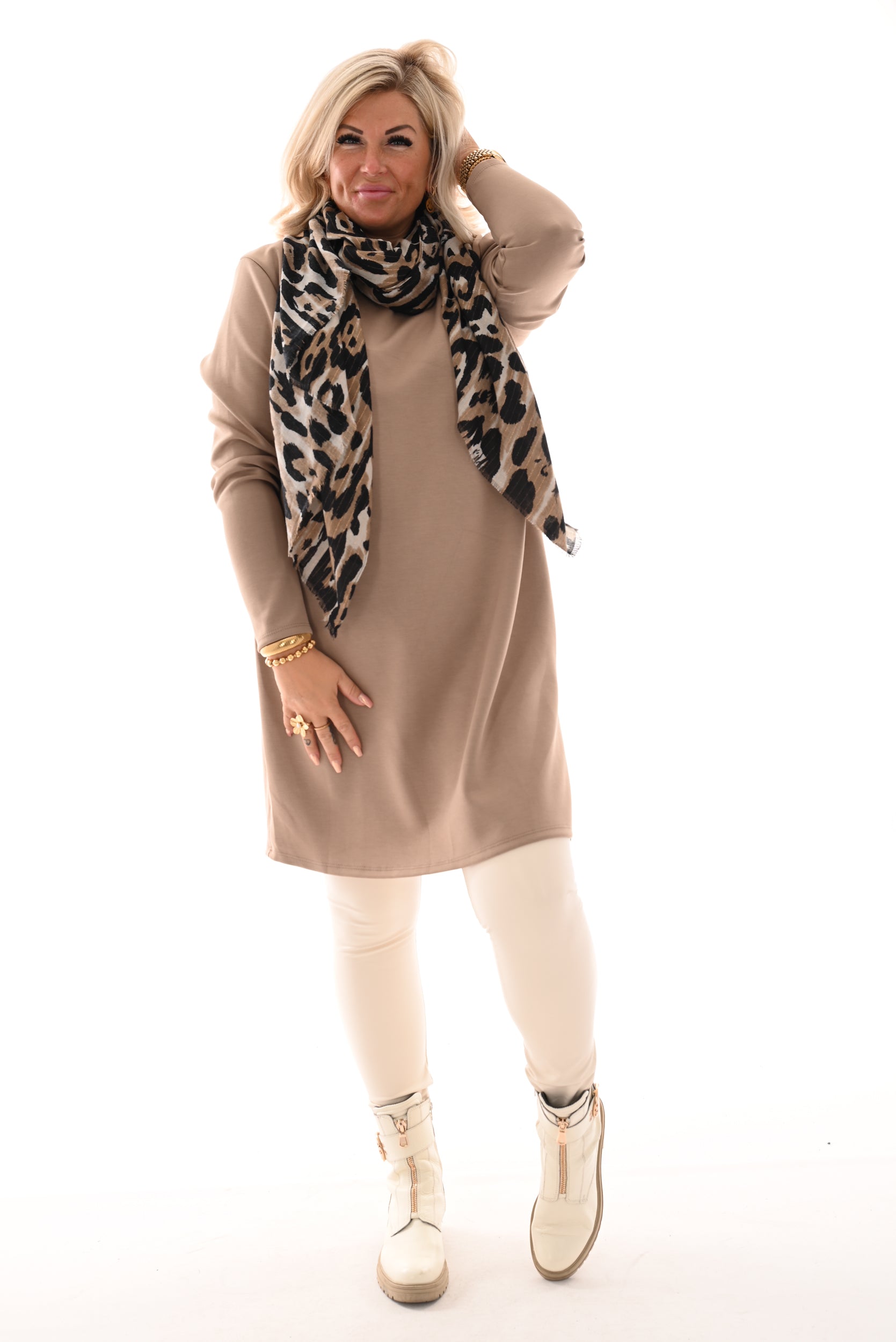 Tuniek sweater ronde hals met split taupe