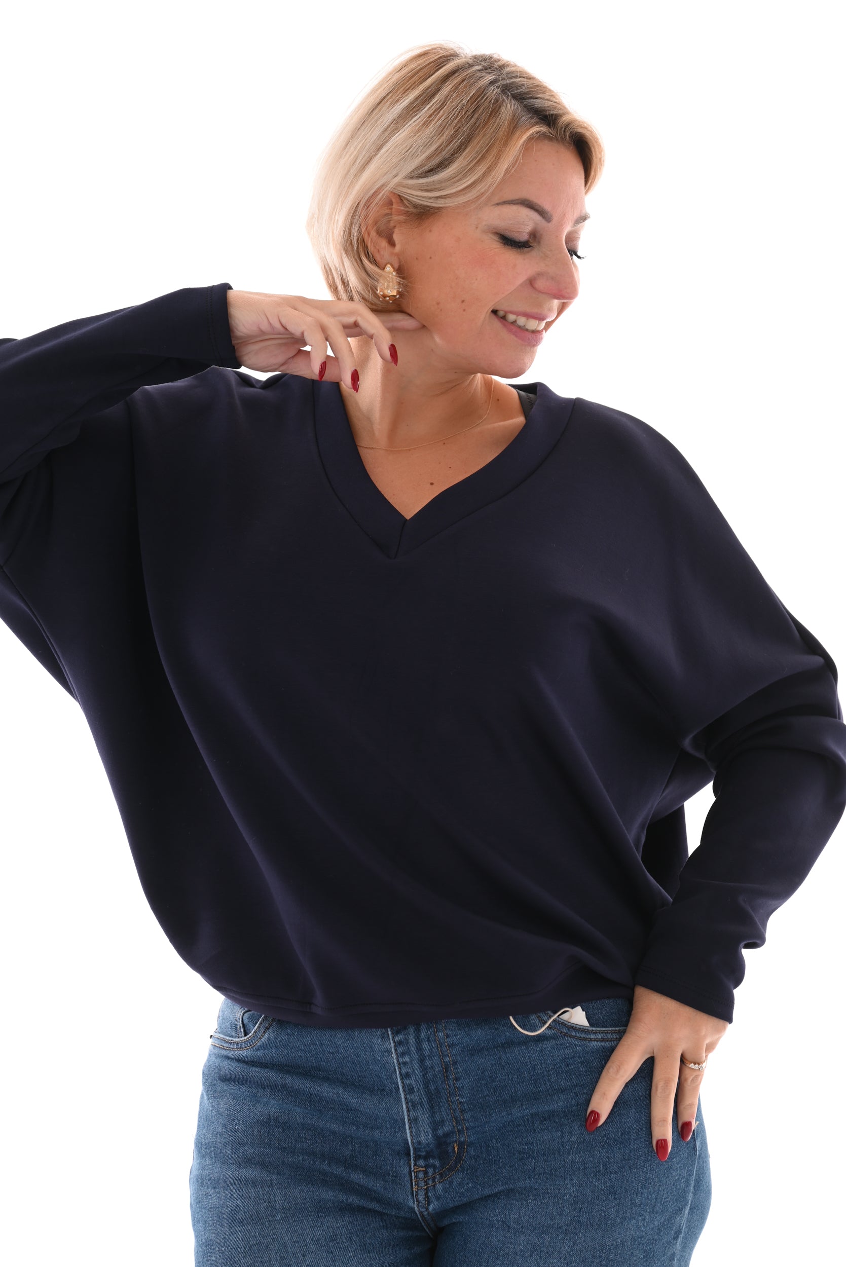 Vleermuis sweater met v-hals marineblauw