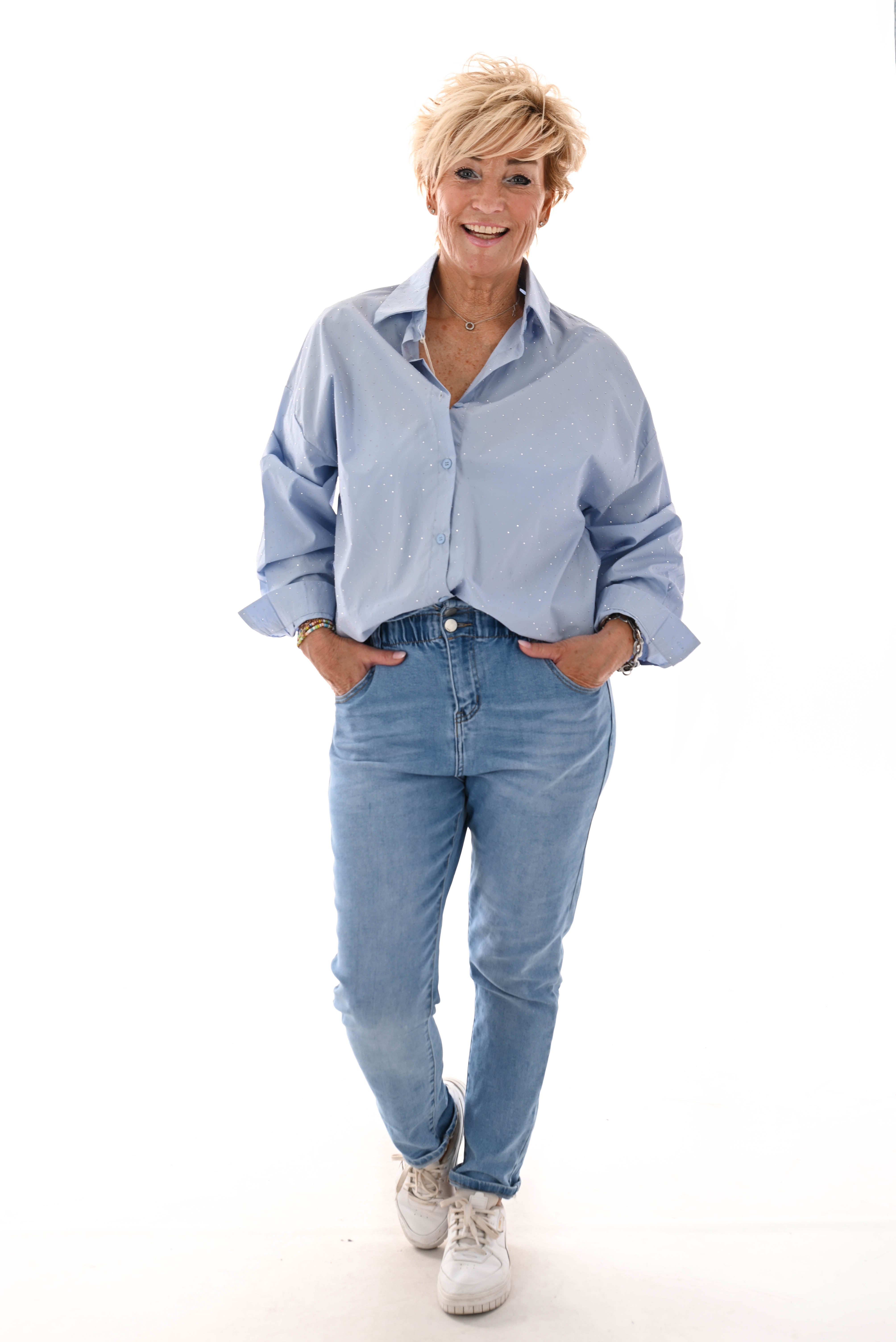 Doorknoop blouse strass blauw