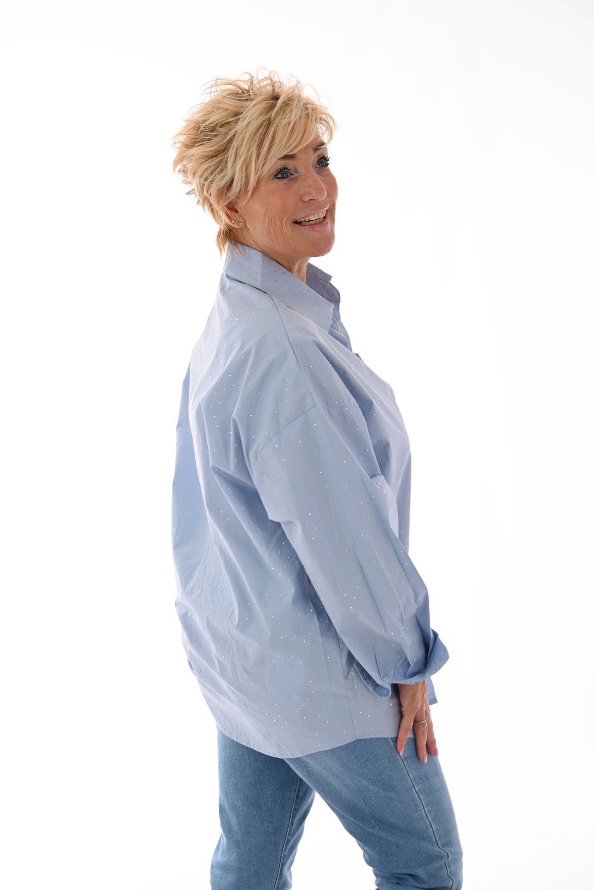 Doorknoop blouse strass blauw