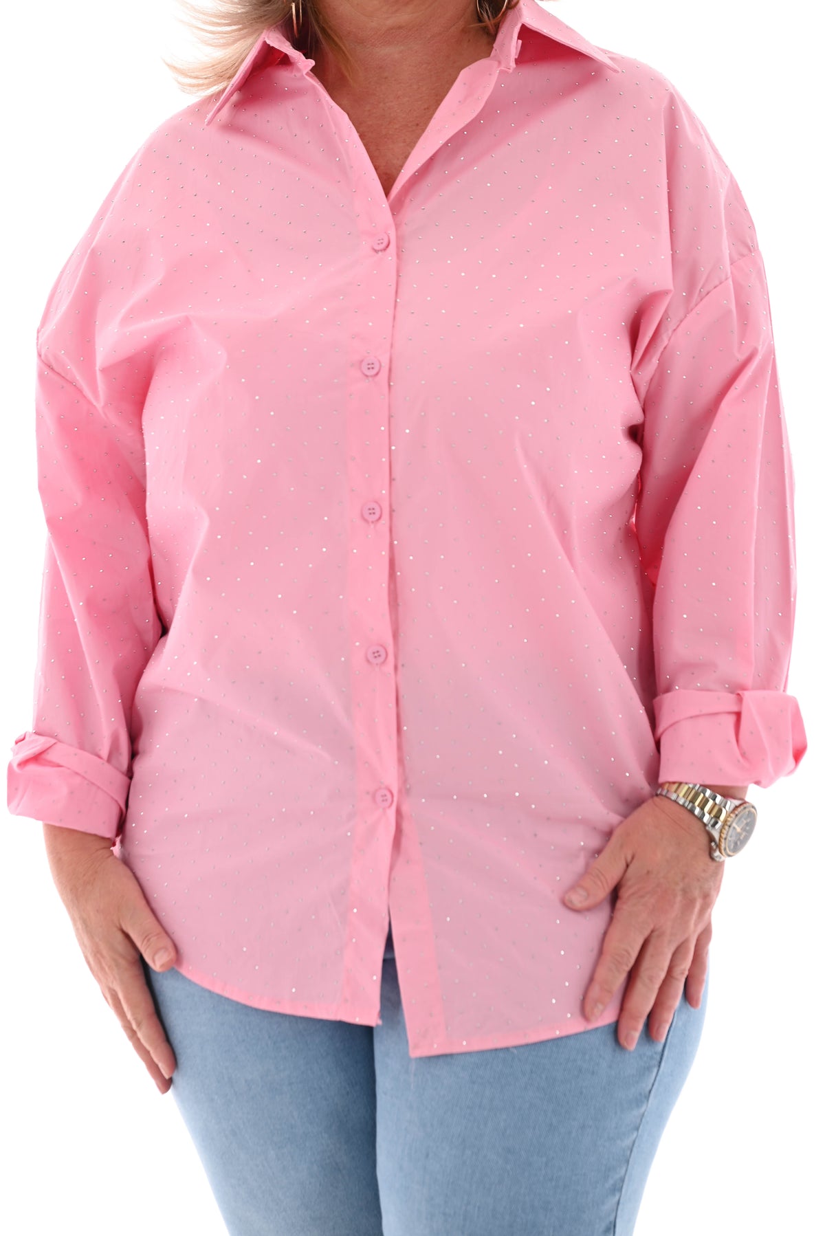 Doorknoop blouse strass roze