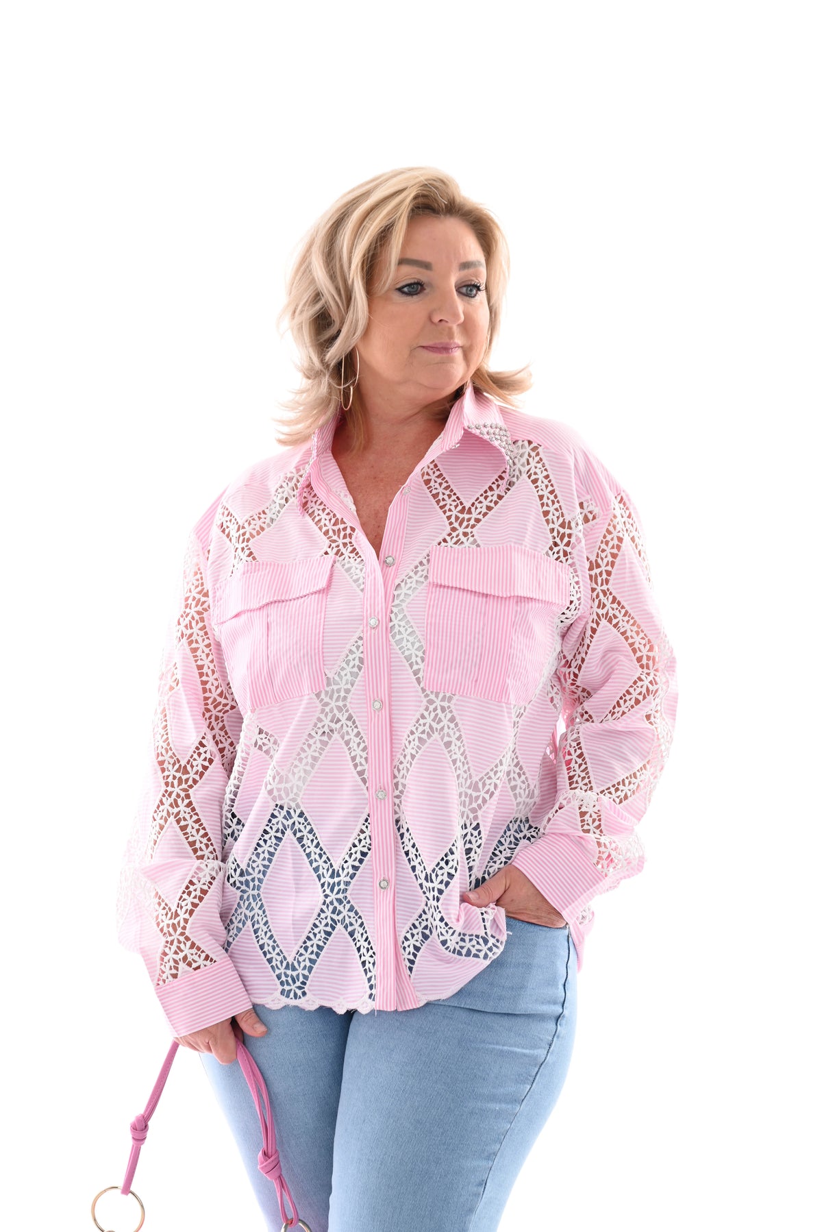 Gestreepte blouse gehaakt met strass roze