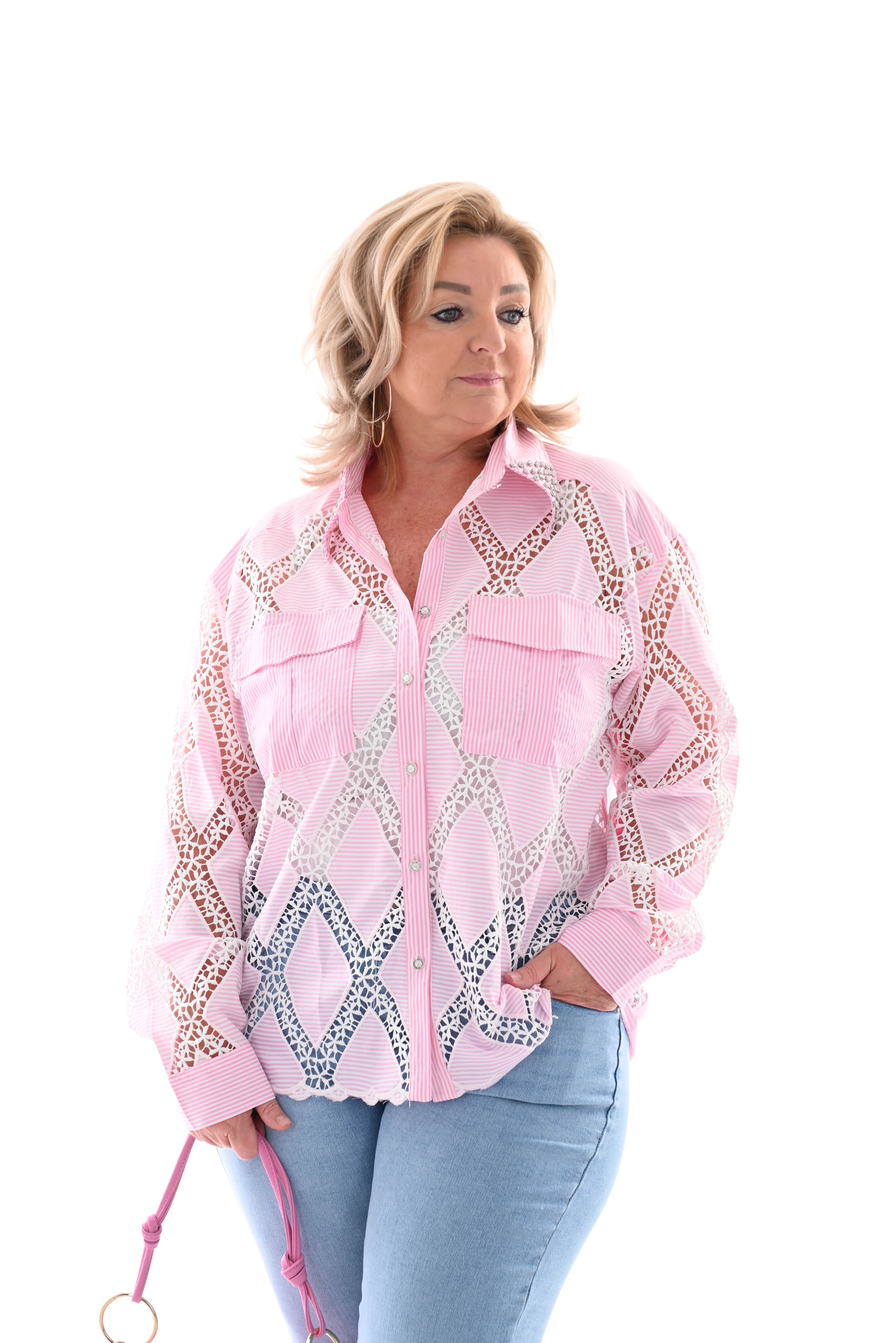Gestreepte blouse gehaakt met strass roze