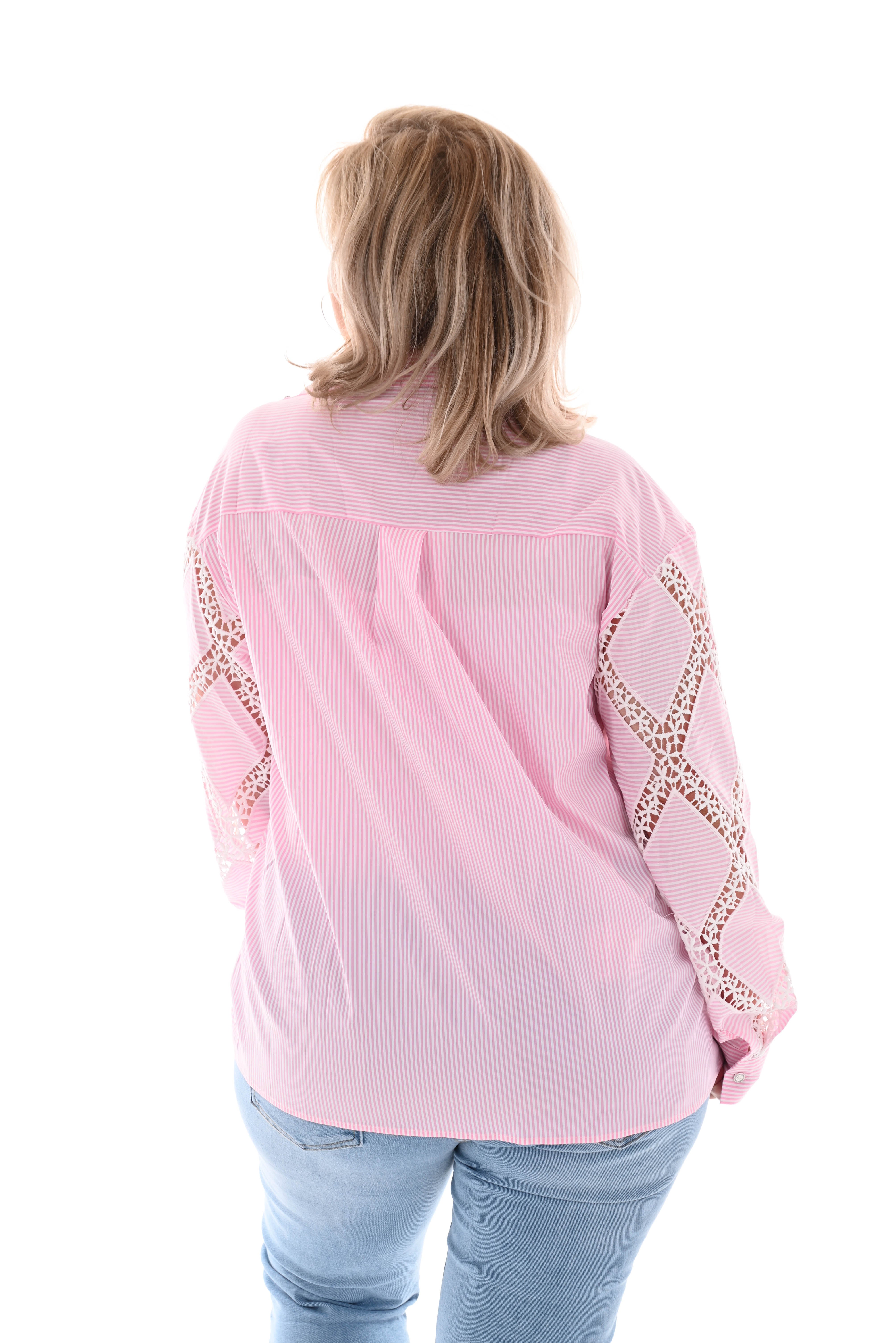 Gestreepte blouse gehaakt met strass roze