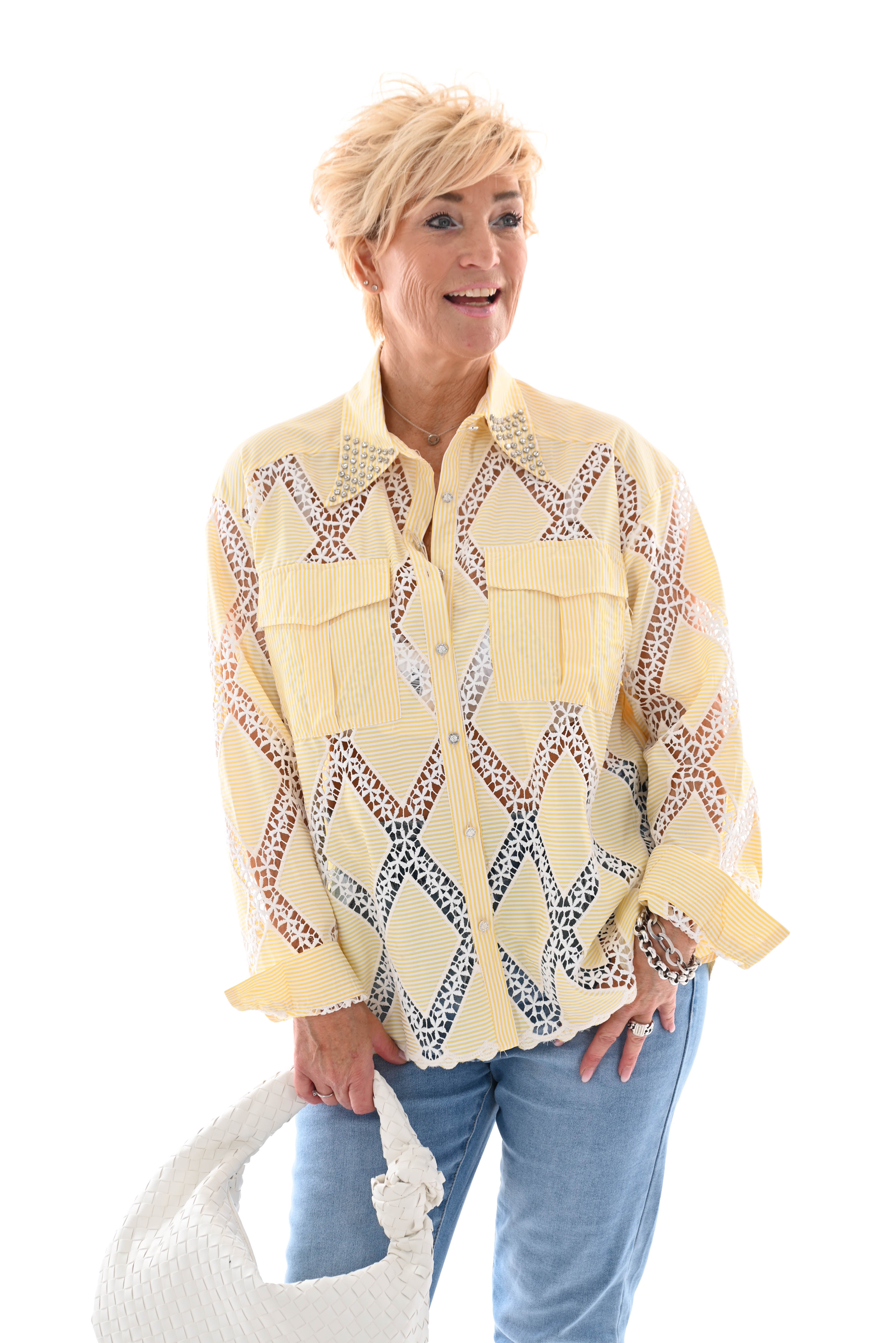 Gestreepte blouse gehaakt met strass geel