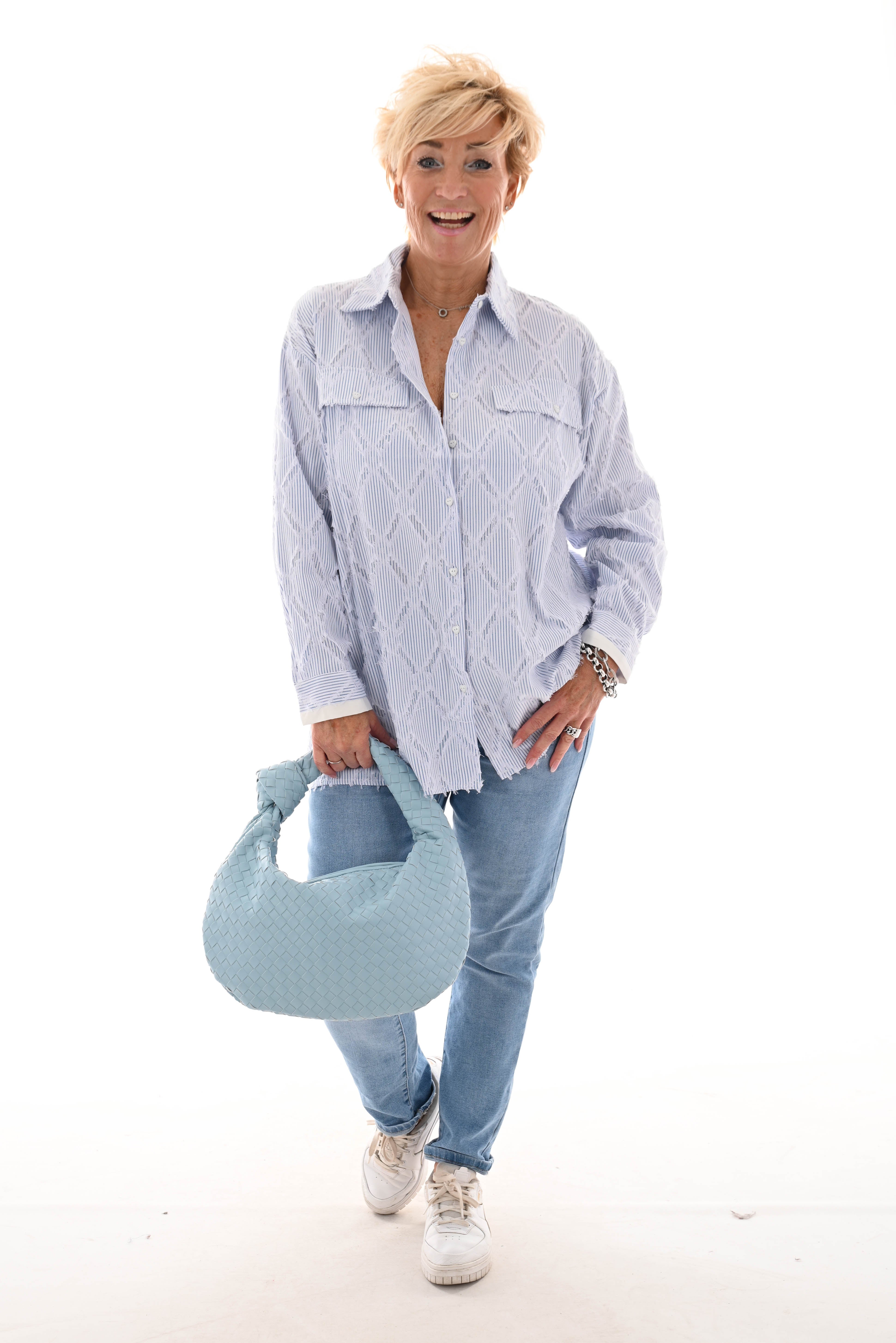 Gestreepte blouse ruit rafels wit/blauw