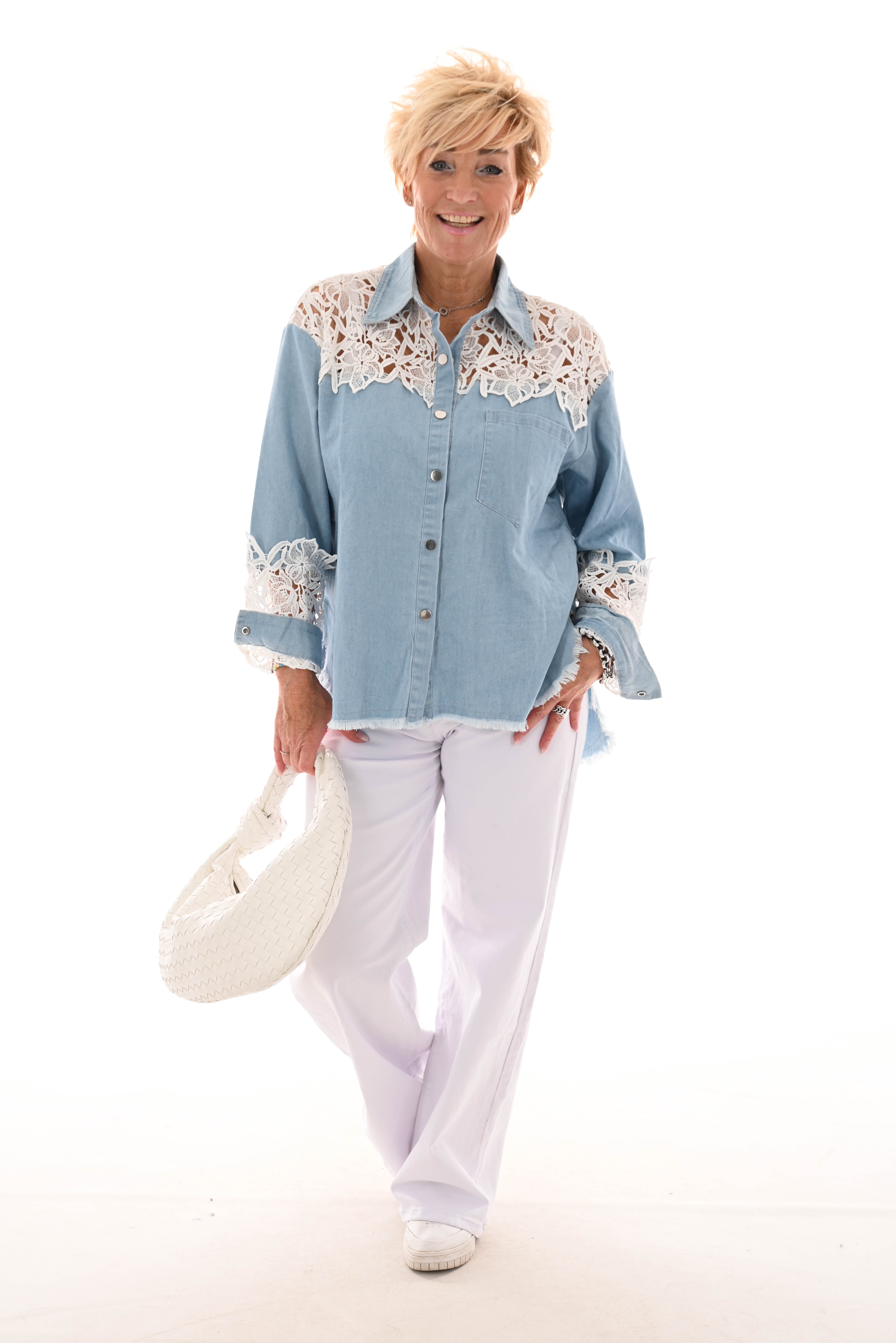 Spijkerblouse kanten schouders blauw