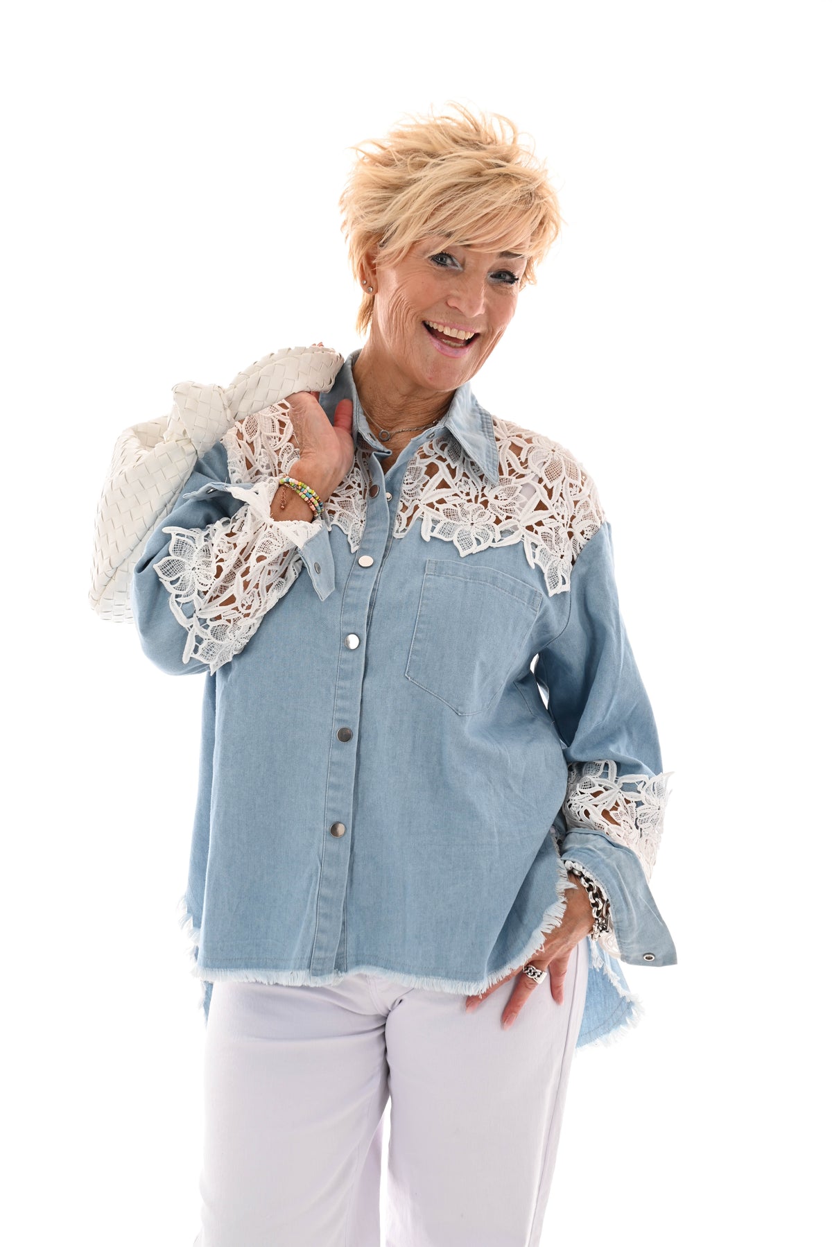 Spijkerblouse kanten schouders blauw
