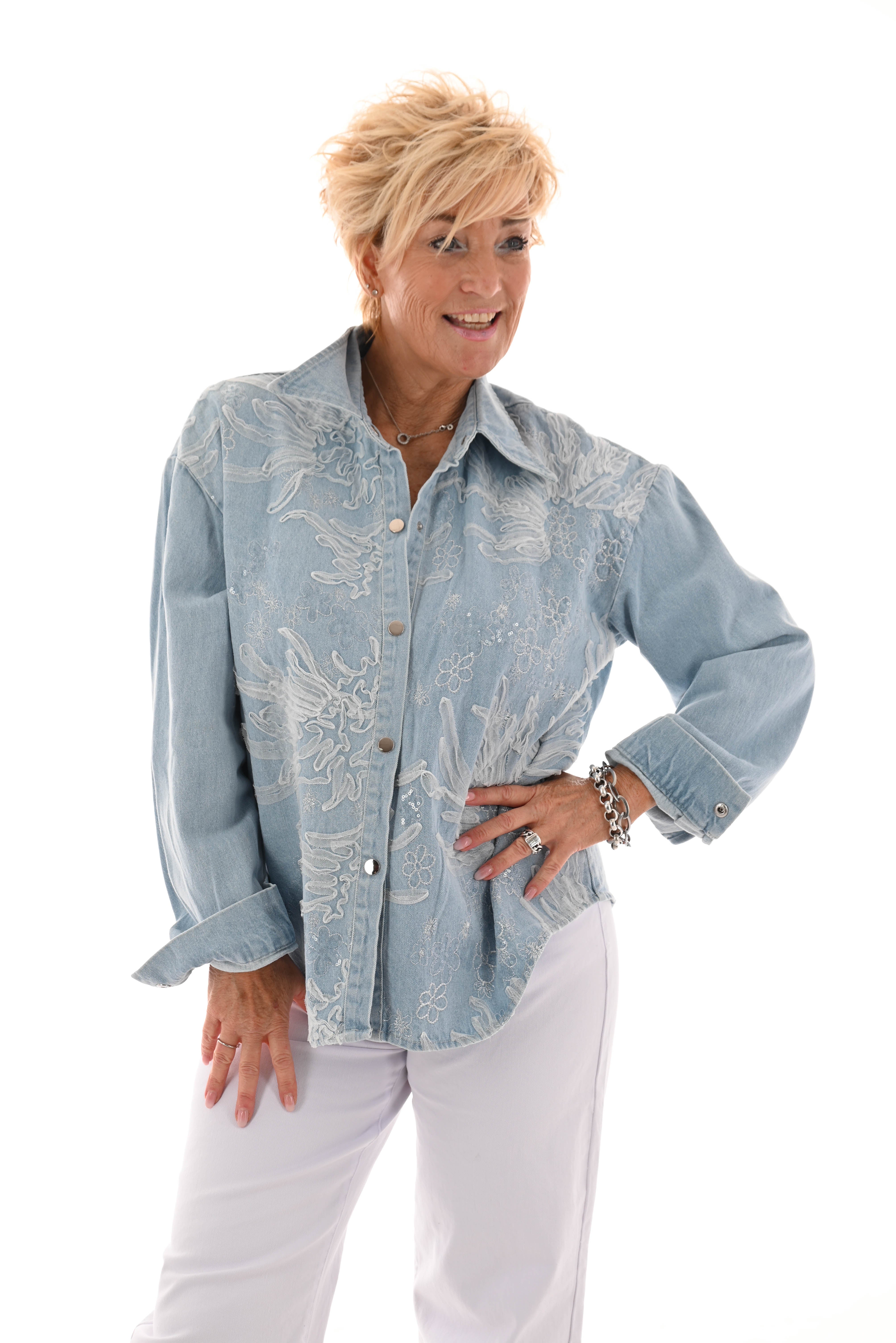 Spijkerblouse bloemen blauw