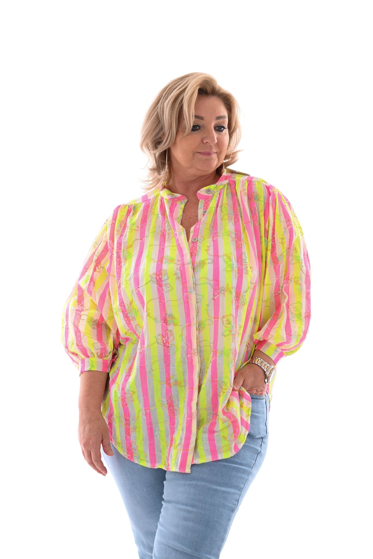 Top gestreept bloemen felroze/neon geel