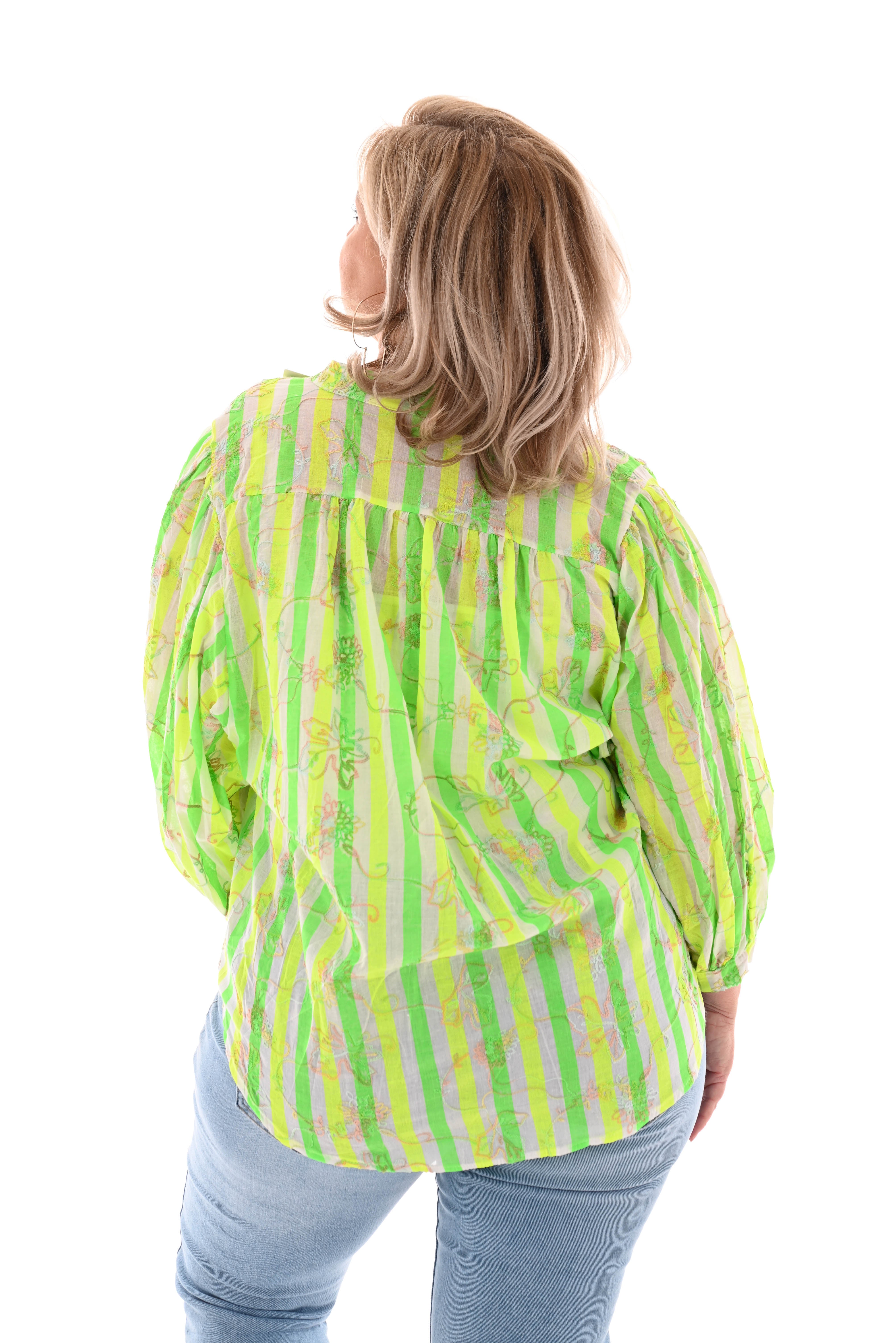 Top gestreept bloemen felgroen/neon geel