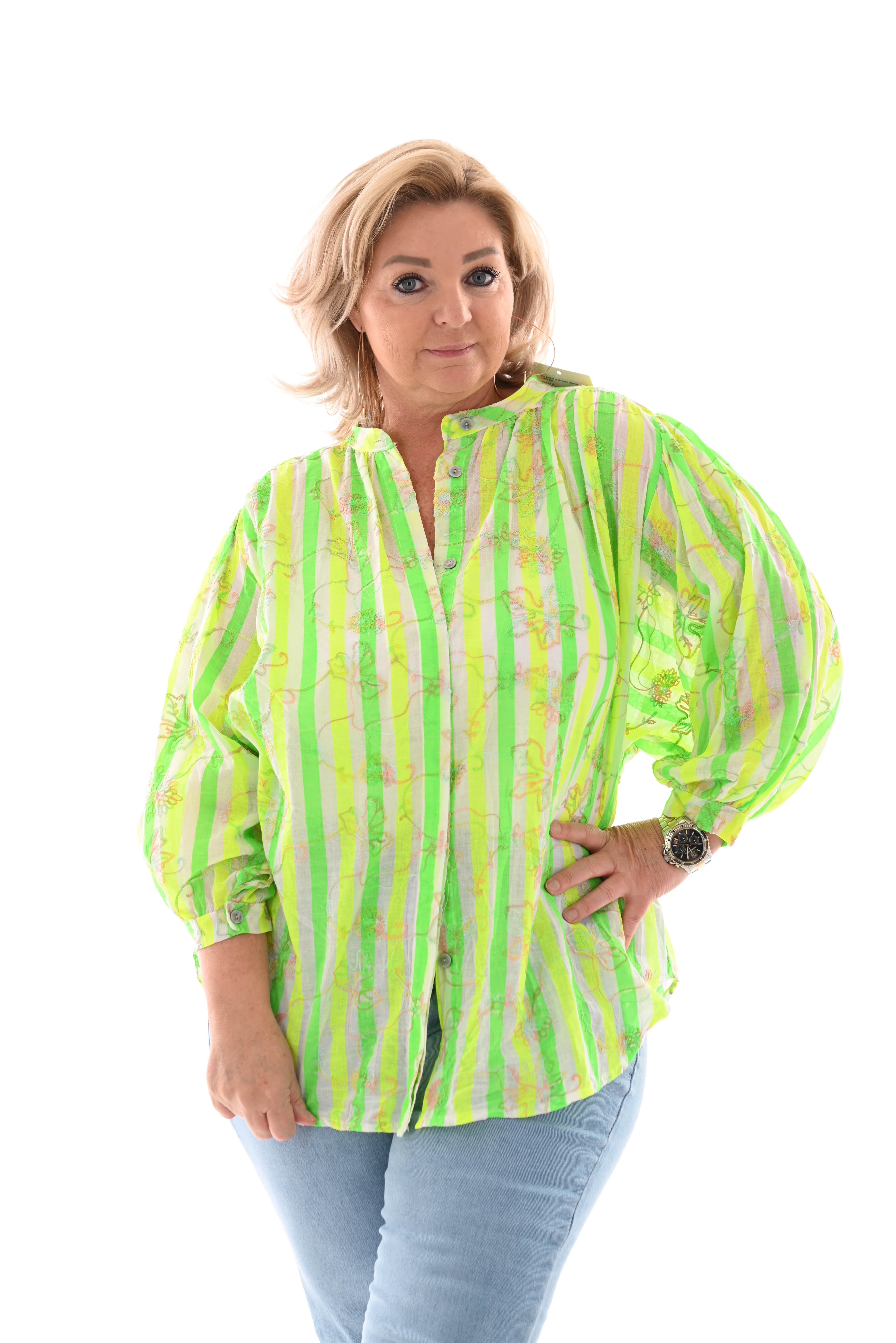 Top gestreept bloemen felgroen/neon geel