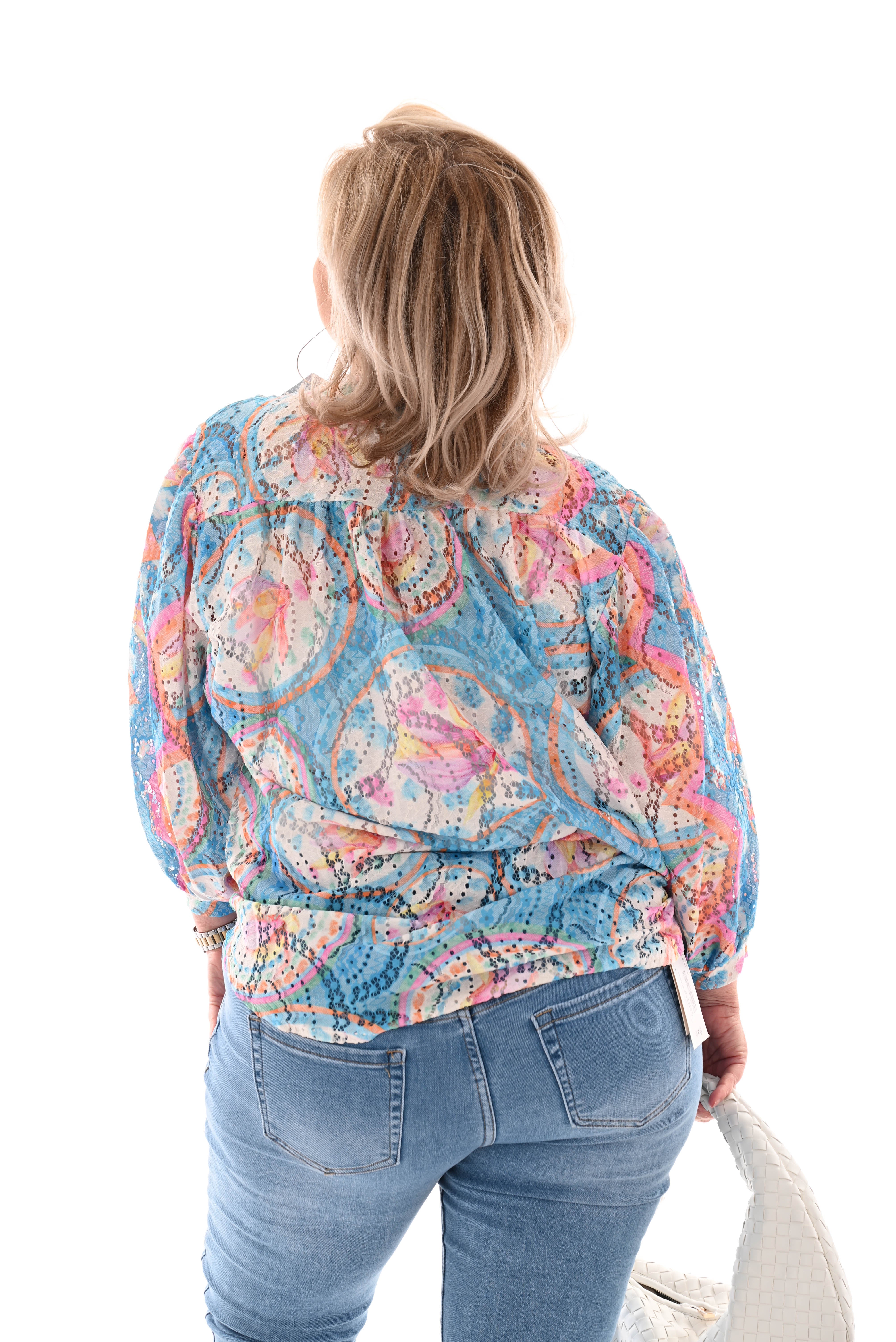 Blouse volante mouwen cirkels lichtblauw