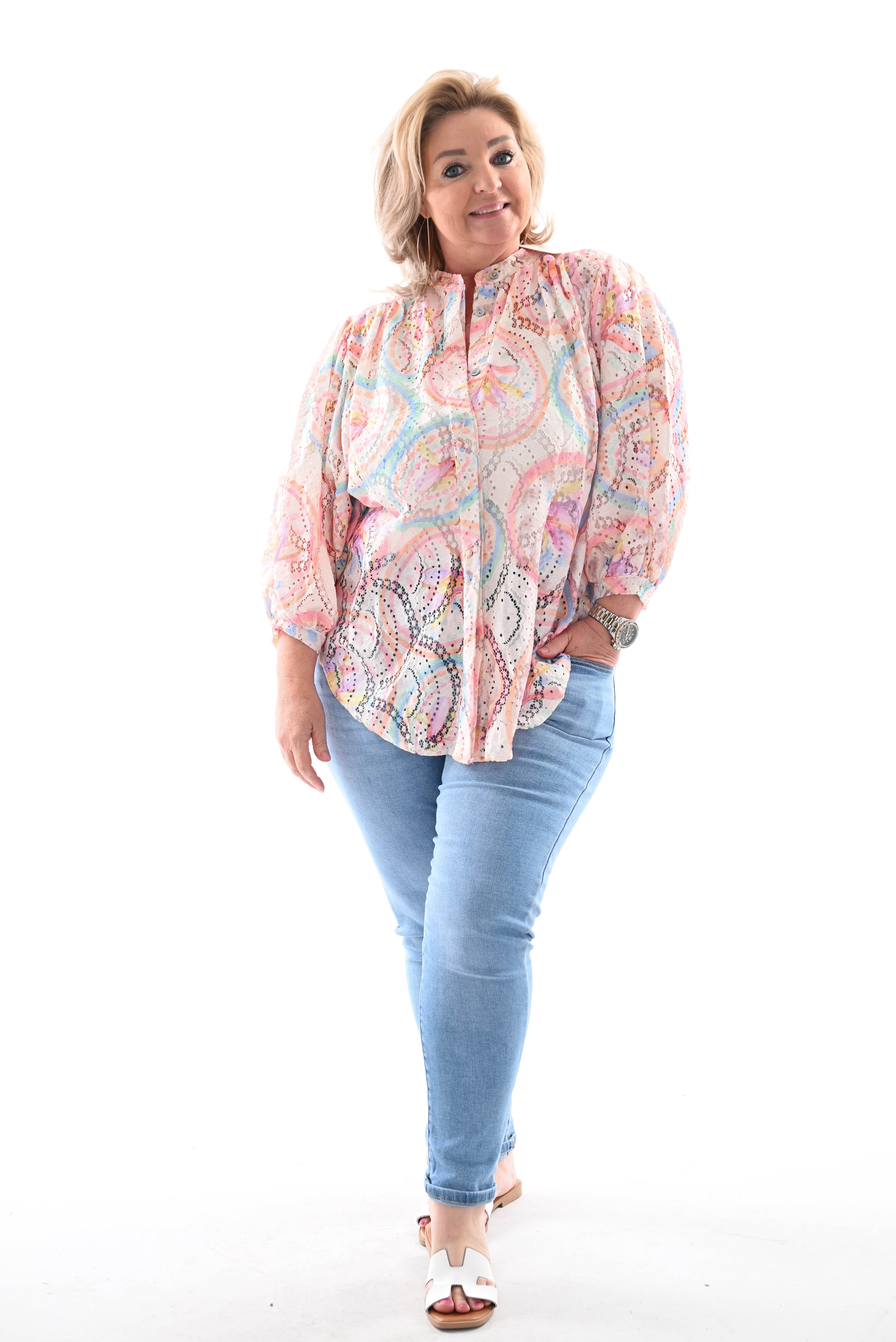 Blouse volante mouwen cirkels zalm