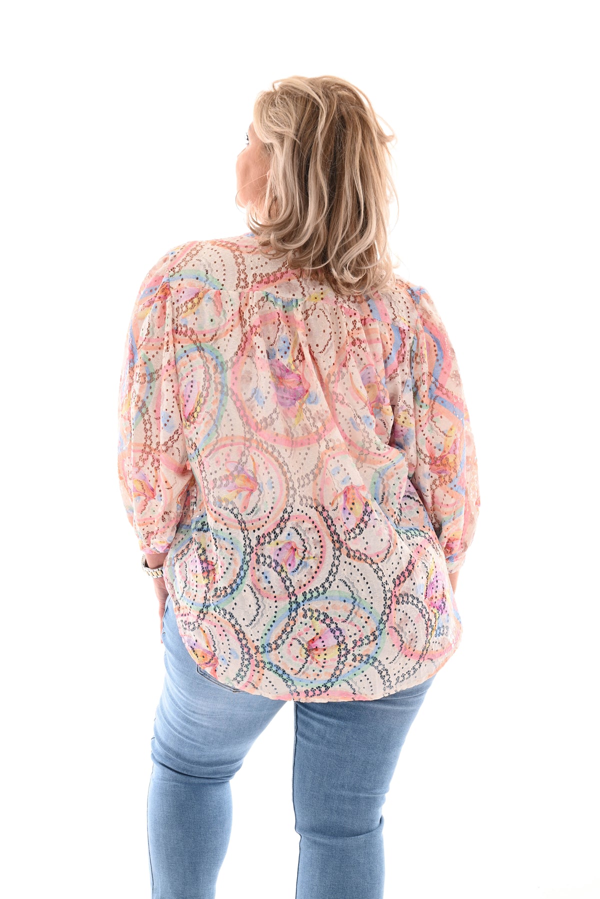 Blouse volante mouwen cirkels zalm