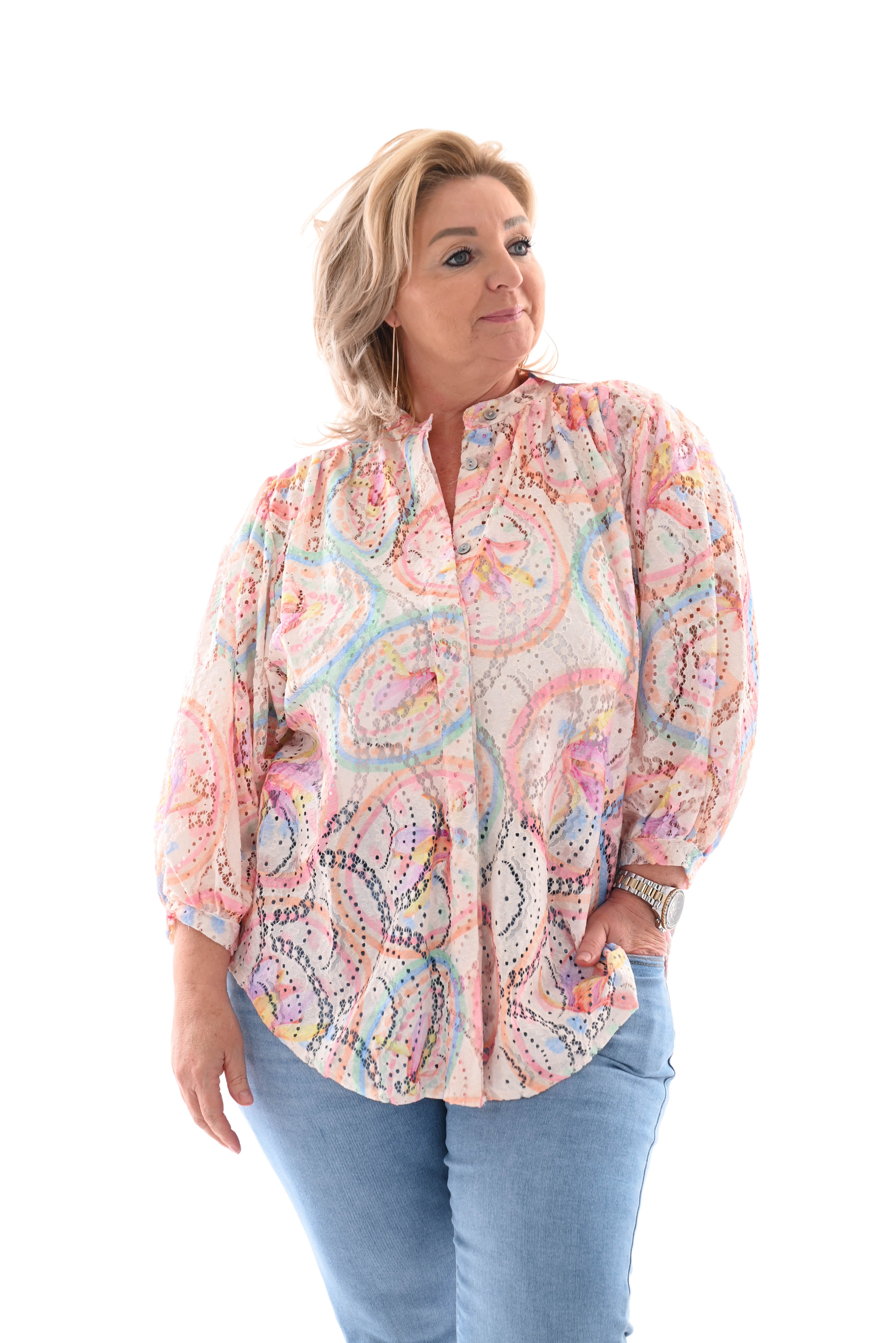 Blouse volante mouwen cirkels zalm