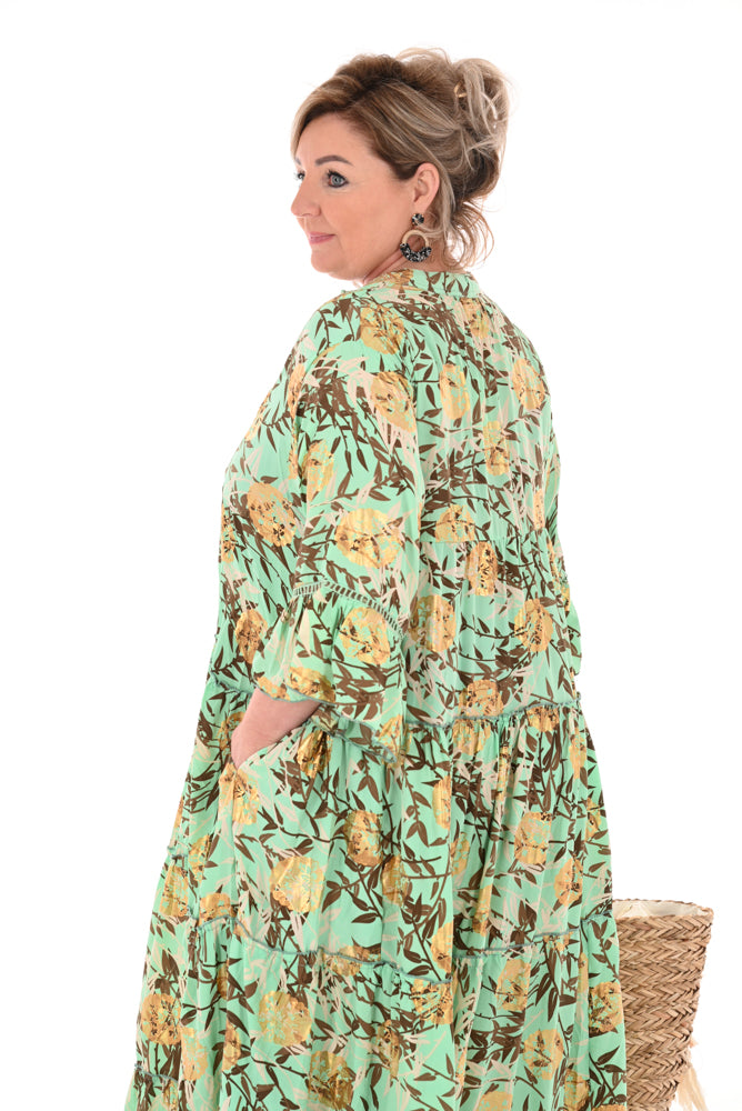 Lange jurk doorknoop stroken leaves turquoise/bruin