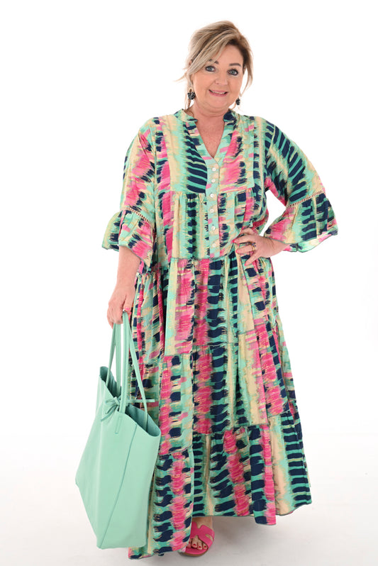Lange jurk doorknoop stroken gestrikt detail turquoise/fuchsia