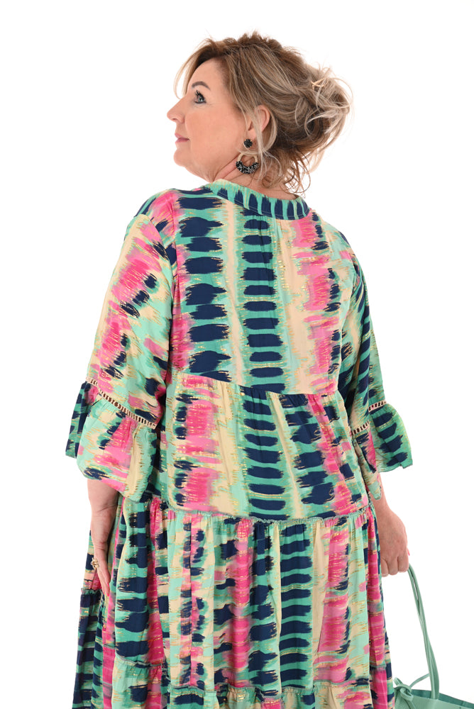 Lange jurk doorknoop stroken gestrikt detail turquoise/fuchsia