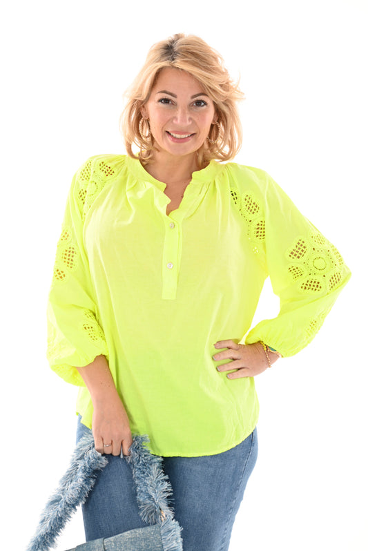 Katoenen blouse bloem detail neon geel