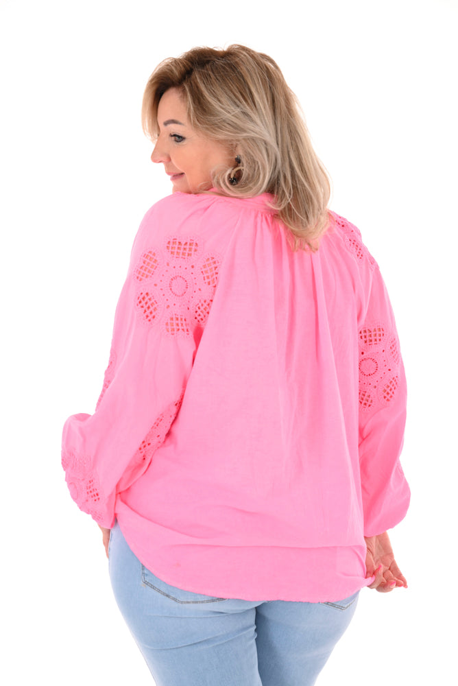 Katoenen blouse bloem detail neon roze