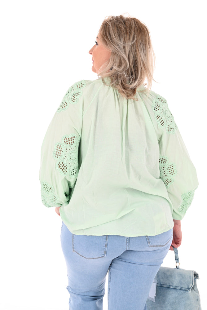 Katoenen blouse bloem detail mintgroen