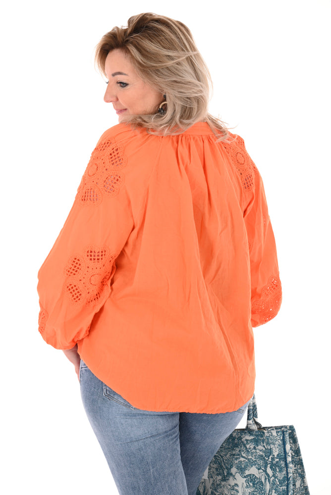 Katoenen blouse bloem detail oranje