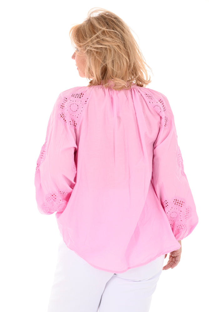 Katoenen blouse bloem detail roze