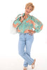 Korte blouse roezel bloem aquablauw/oranje