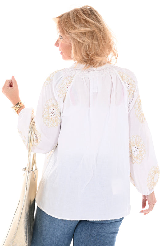 Katoenen blouse lurex zonnebloem wit
