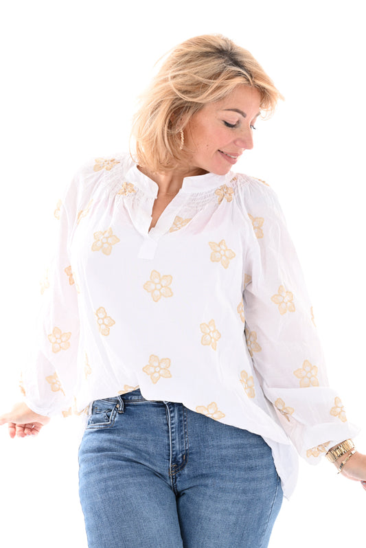 Katoenen blouse lurex bloem wit