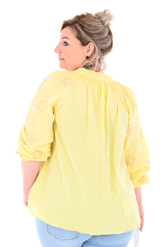 Katoenen blouse lurex bloem geel