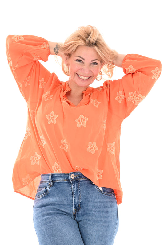 Katoenen blouse lurex bloem oranje