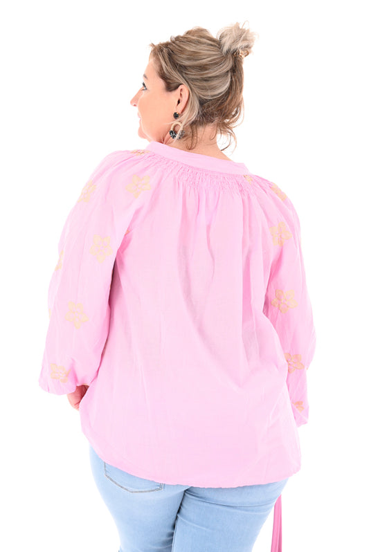 Katoenen blouse lurex bloem roze