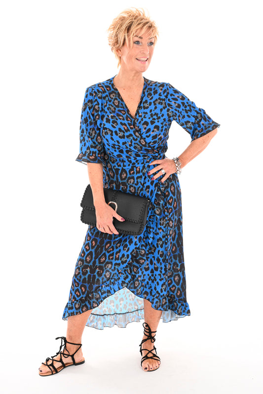 Overslag jurk roezel panter kobaltblauw