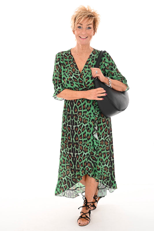 Overslag jurk roezel panter groen