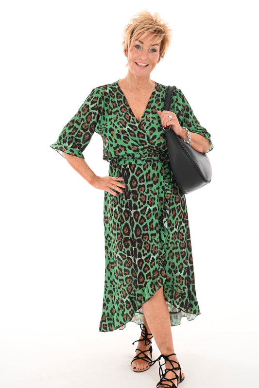 Overslag jurk roezel panter groen