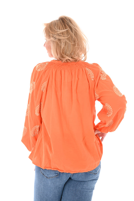 Katoenen blouse lurex leaves oranje