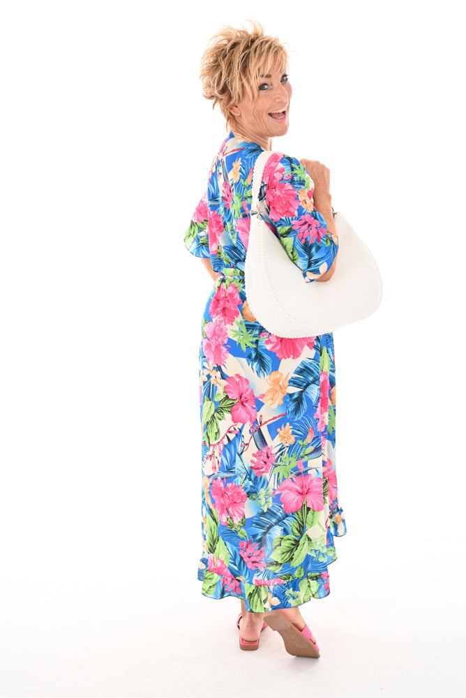 Overslag jurk roezel bloem kobaltblauw