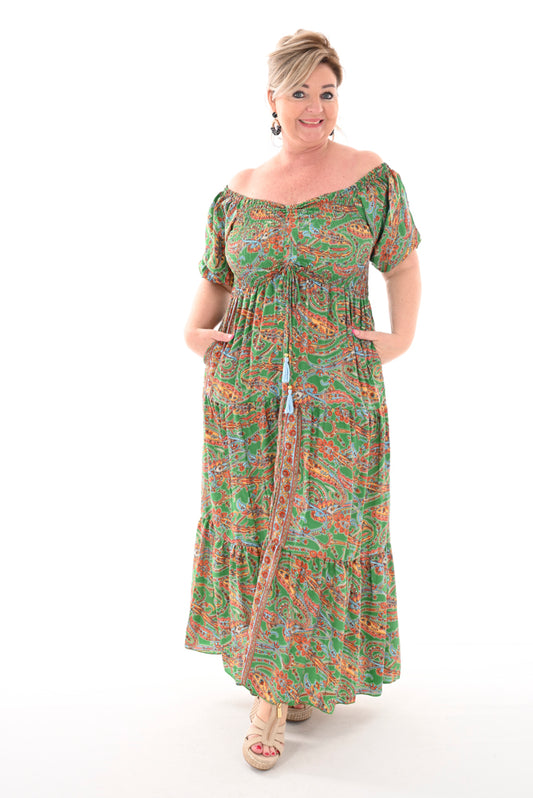 Lange jurk stroken smock detail paisley groen