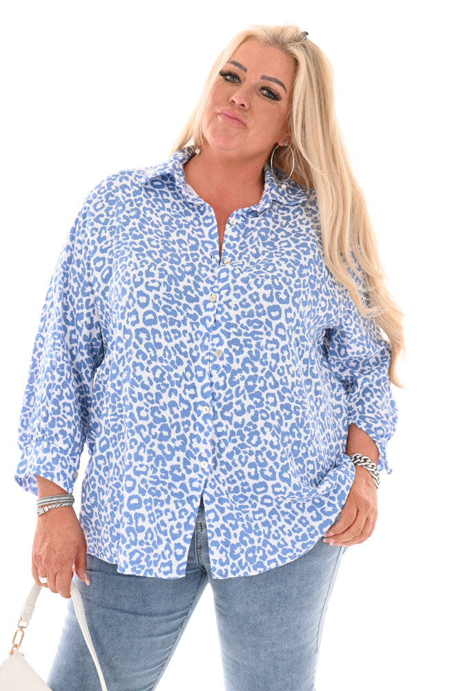 Katoenen blouse doorknoop panter print jeansblauw
