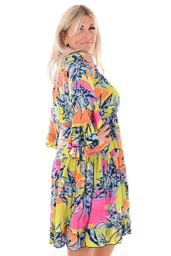 Korte jurk v-hals knopen bloem gevlekt oranje/lime/marineblauw