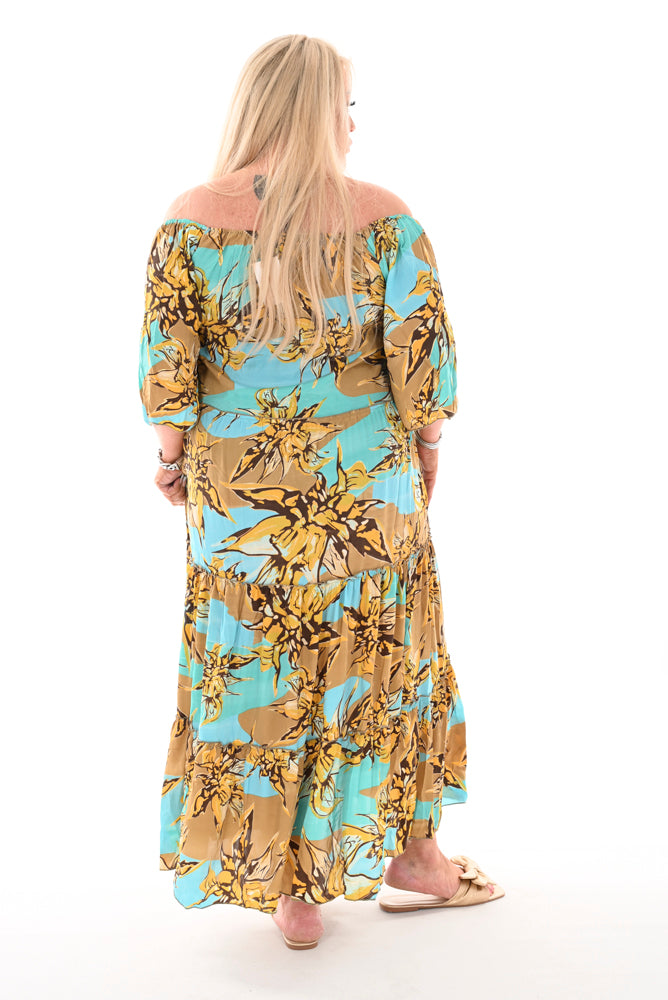Lange jurk elastieken hals stroken bloemen turquoise/taupe