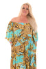 Lange jurk elastieken hals stroken bloemen turquoise/taupe