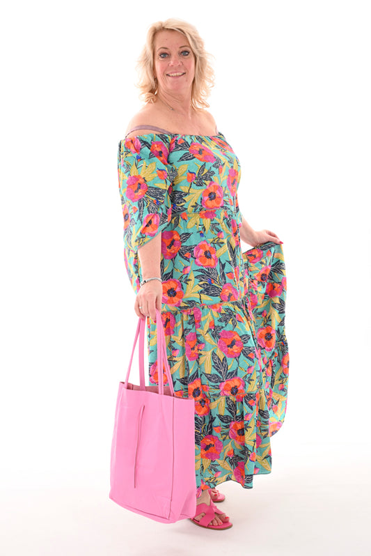 Lange jurk elastieken hals stroken bloemen turquoise/oranje/fuchsia
